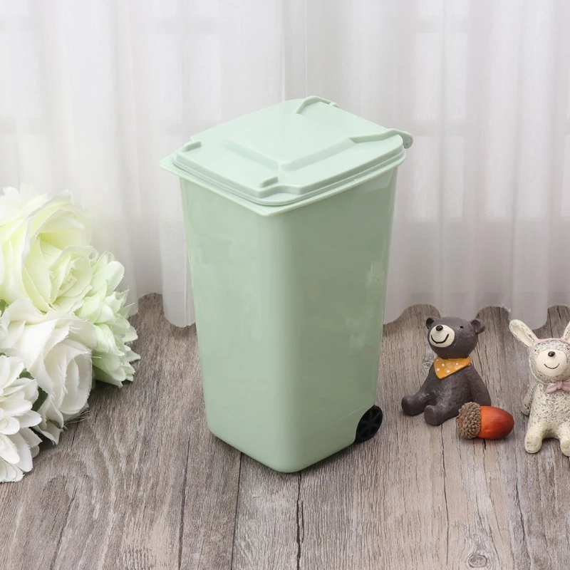 L69A Mini Wheelie Trash Can Pen Holder Storage Bin Desktop Garbage Bucket