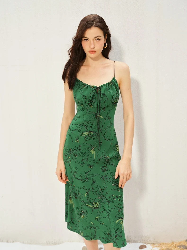 SuyaDream, Długa sukienka damska, 100% prawdziwy jedwab, pasek spaghetti, krój skośny, sukienki z nadrukiem, ubrania wiosna-lato 2025, zielony