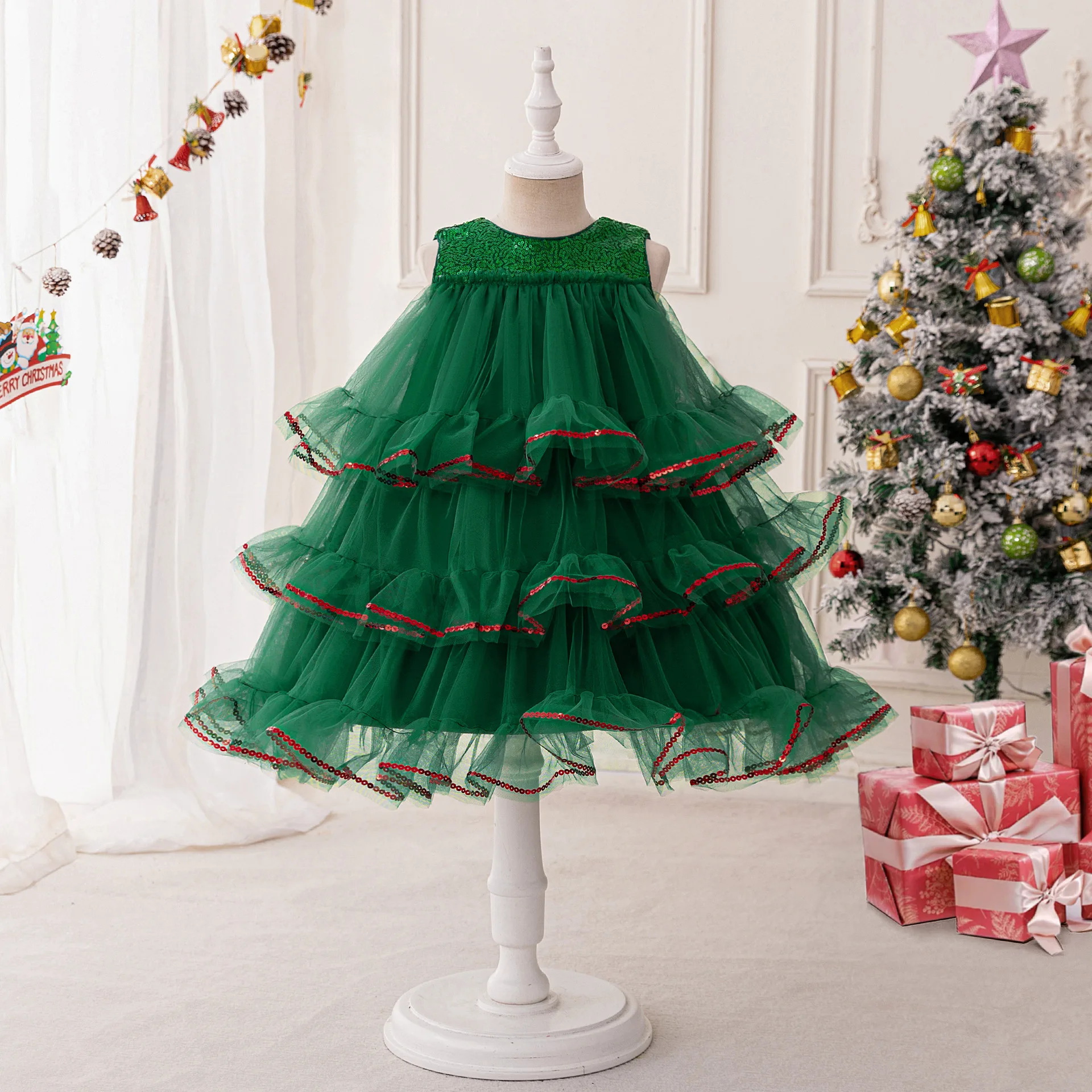 Santa Tree Design Girl Princess Dress Christmas Costume Gown Girls Party Dress Layered Green Birthday Dress Kids New Year Gifts