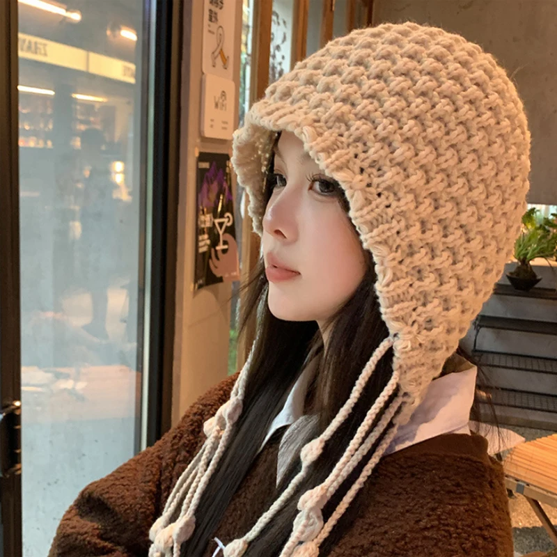 Fashion Had Woven Tassel Knitted Hat Autumn Winter Warm Ear Protection Cap Solid Color Crochet Girl Hooded Beanie