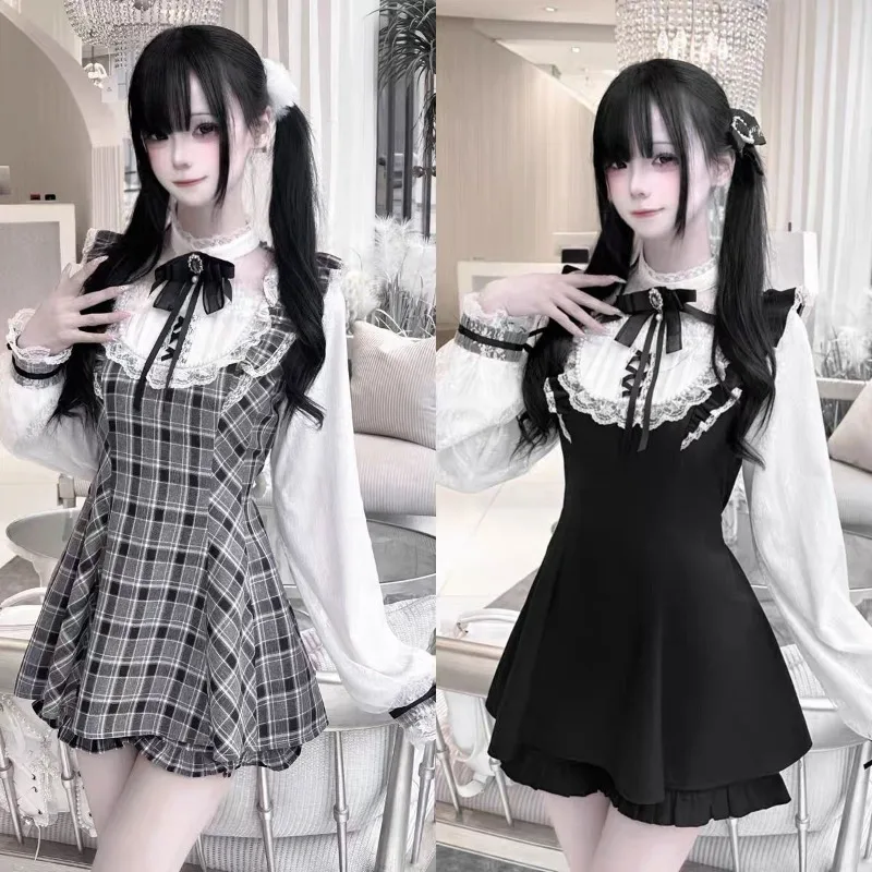 ジライケイレースボウドレスとパンツ付きダークゴシックロリータy2k長袖ブラックハイウエストアウトフィット女性用スイートカワイイ和風