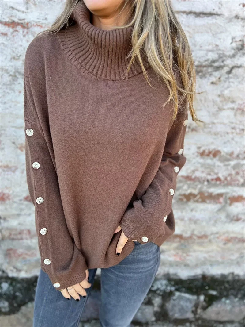 

Turtleneck Grey Button Sweaters For Women Autumn Casual Long Sleeve Loose Knitted Pullover Lady Warm Soft Brown Sweater Oversize