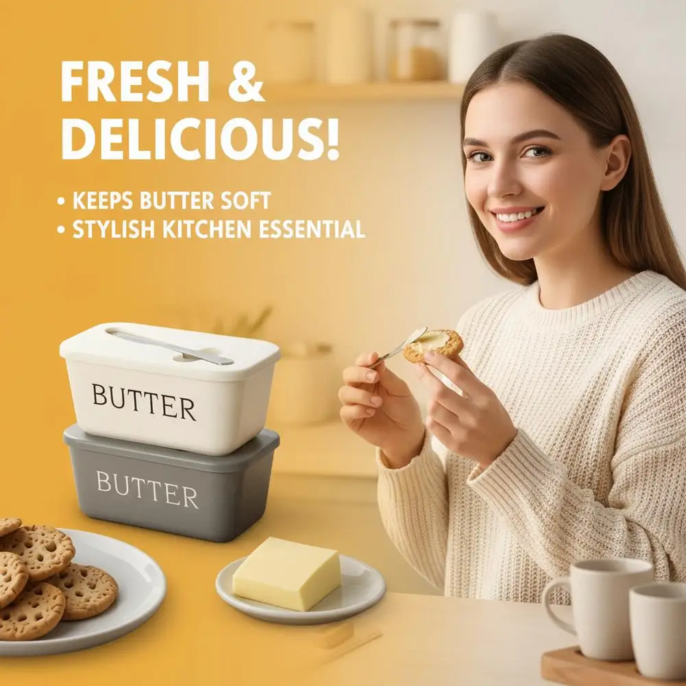 PP Butter Dish with Lid & Spreader Airtight Butter Keeper for Fridge Modern Kitchen Storage Container for Butter, Cream Cheese
