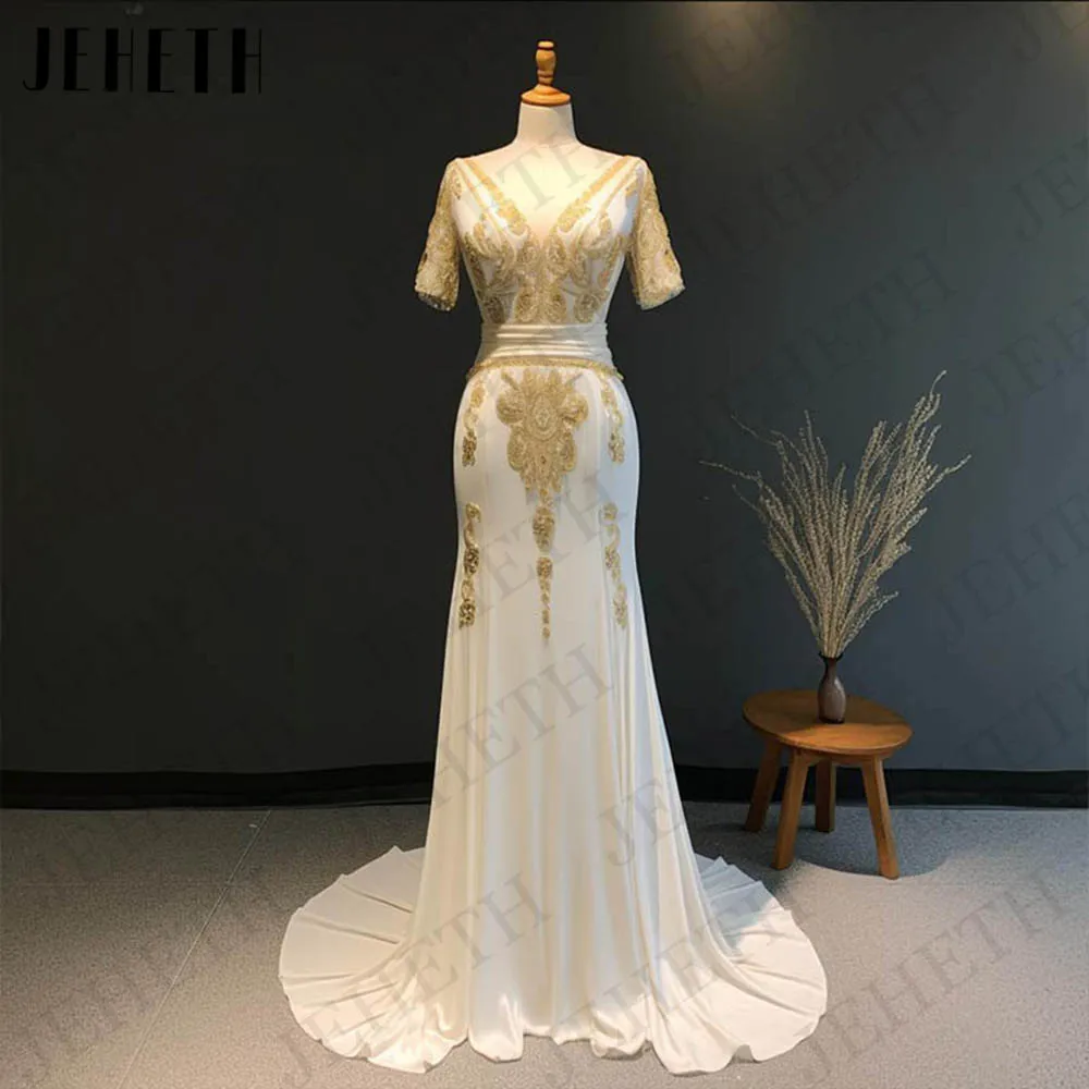 JEHETH Real Photos Mermaid Evening Dresses Woman Luxury Vestidos De Fiesta Short Sleeves Gold Beaded V Neck Prom Formal Gown