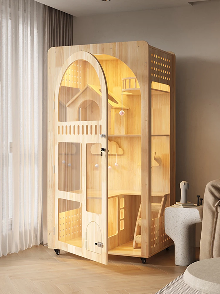 Large Space Cat Cage Villa, Solid Wood, Luxury Three-Storey, High-End Household Cat Nest, Cat House