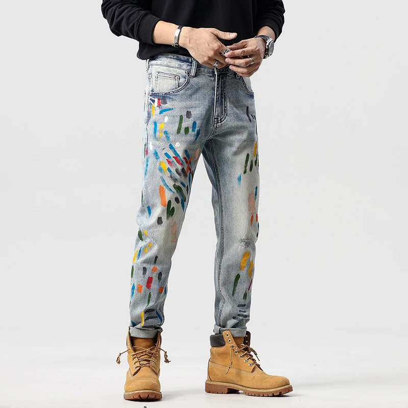 Light luxury fashion brand graffiti men\'s jeans high-end trend slim straight trousers retro personality casual jeans