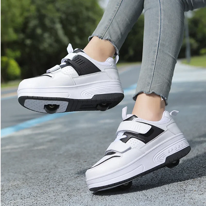 Wheel Shoes Roller Skate Sneakers Youth Kid Children Shoes Outdoor Indoor Parkour Flying Boy Flash Detachable Shoes White Black