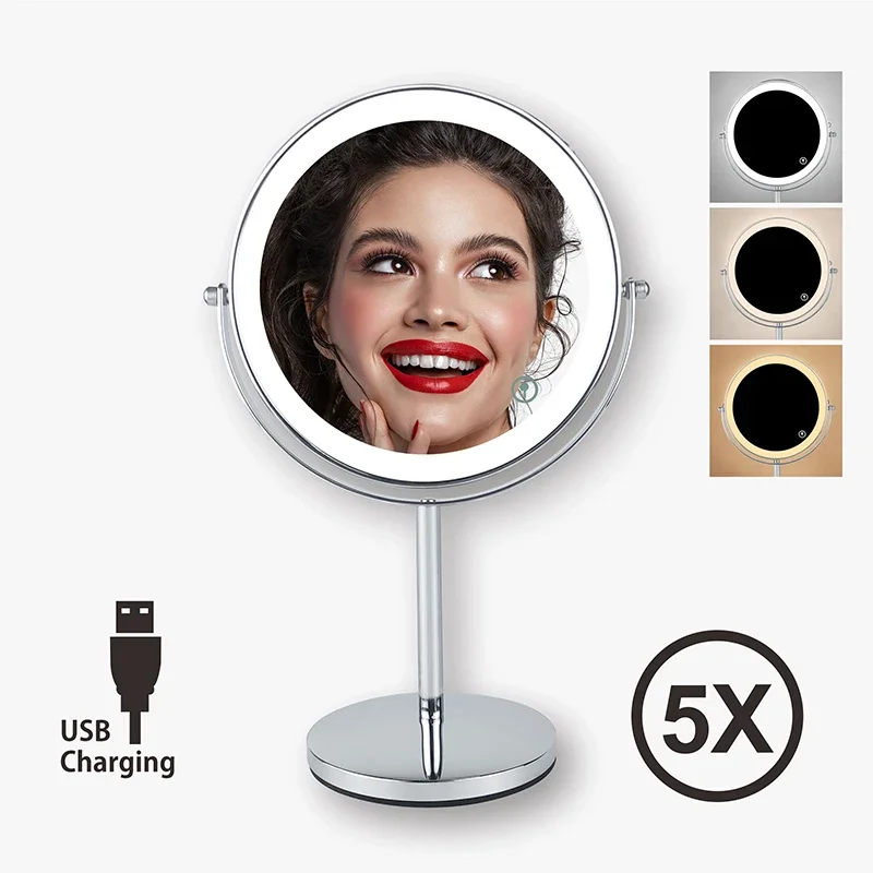 8inch 10X Magnifying LED Makeup Mirror with 3 Color Light Touch Switch Double Side USB Charging Desktop Vanity Cosmetic Mirror