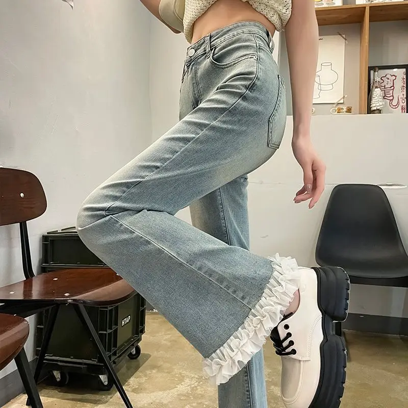 Lace Slightly Pulled Jeans Women's Small Nine Points 2026 New High-waisted Slim-fitting Lace Flared Pants