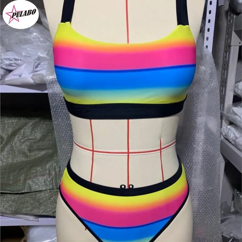 PULABO Women Colorful Stripe Print Back String Bikini Backless Swimwear Bathing Suits Striped Swimsuit