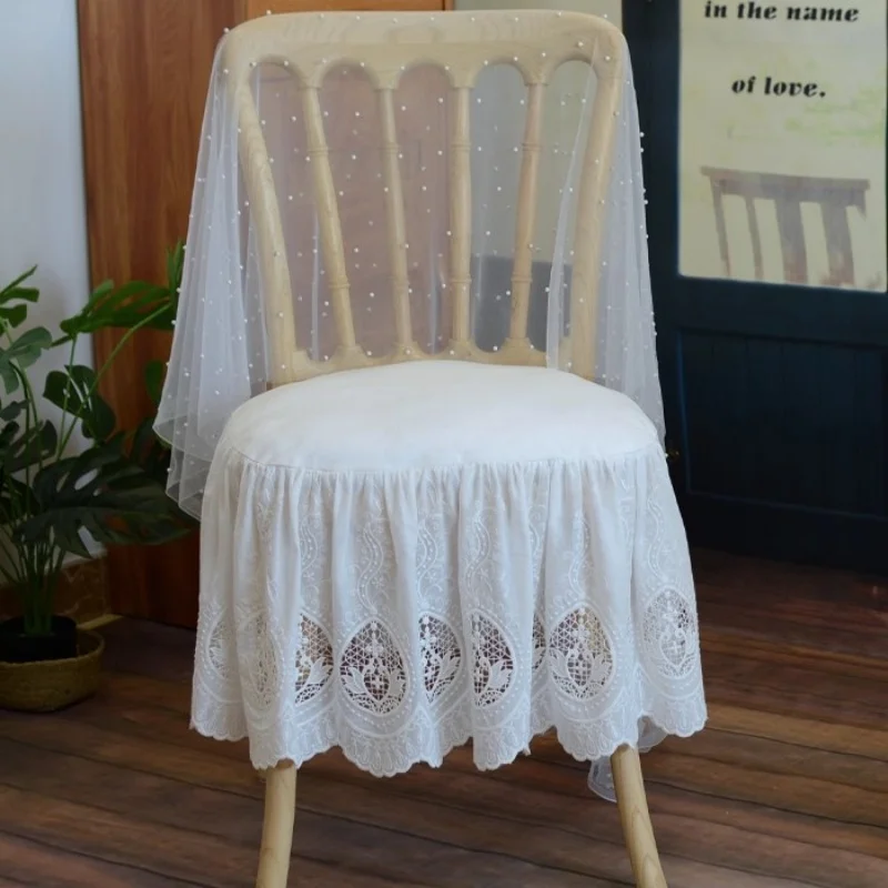 

French Luxury Style White Dining Chair Covers U Shape Hollow out Design Removable Square Seat Cushions