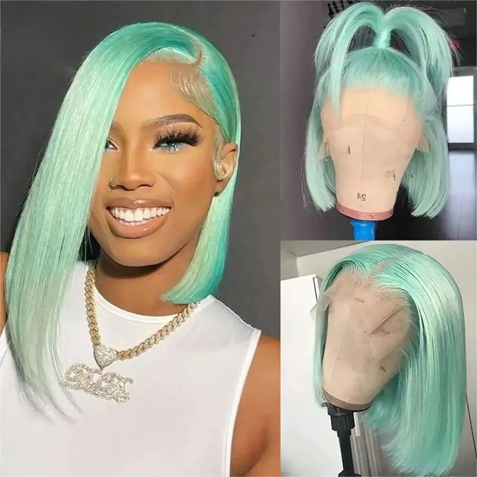 Mint Green Straight Short Bob Lace Front Wigs 10 Inches Synthetic and blend Free Part Daily Party Cosplay Clearance for Women