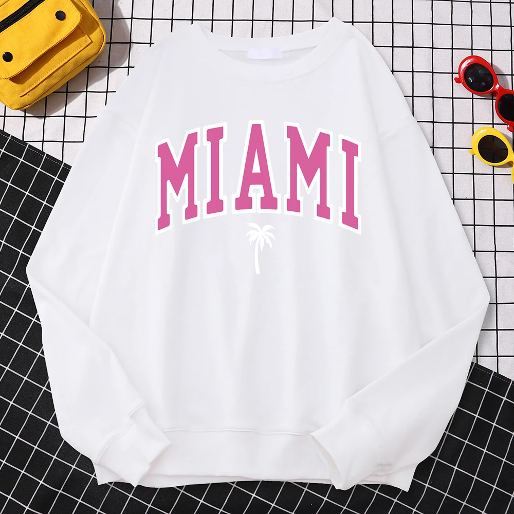 Autumn Casual Sweatshirts For Women Miami Beach Printing Hoodies Comfortable Fleece Pullovers Crewneck Loose Female Sportswear