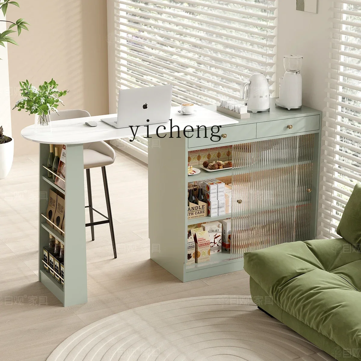طاولة بار أمريكية مدمجة قابلة للسحب على شكل جزيرة تايبي وخزانة جانبية أوروبية وطاولة طعام خضراء