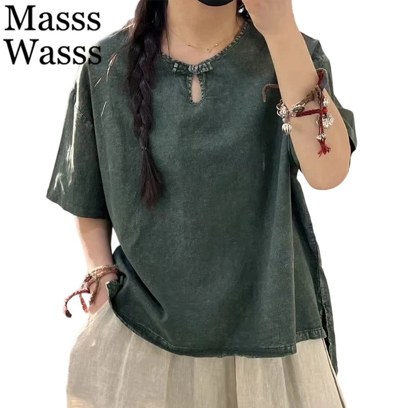 

Masss Wasss Summer Chinese Design Tees Womens Fashion Loose Casual T-shirts Ladies Classic O Neck Cotton Tops Vintage Clothing