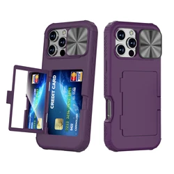 Shockproof Hybrid Heavy Duty Mirror Card Holder Wallet Case For iPhone 16 Pro Max 16 Plus, Stand Slide Camera Protection Cover