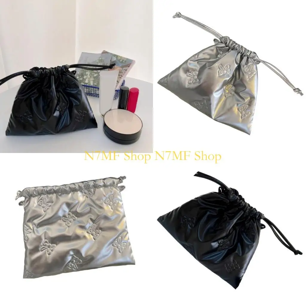 

N7MF Practical Drawstring Closure PU Bag Convenient Makeup Jewelry Storage Pouches
