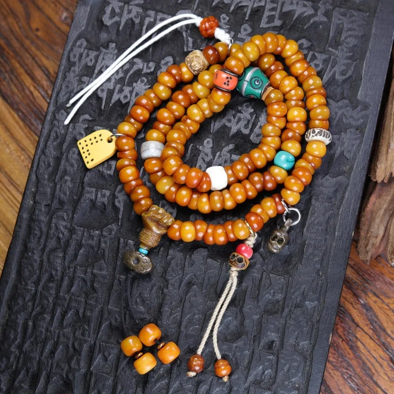 -Style Of 108 Yak Bone Rosary Beads, A Buddhist Necklace, And A Tibetan Multi-Gem Bracelet