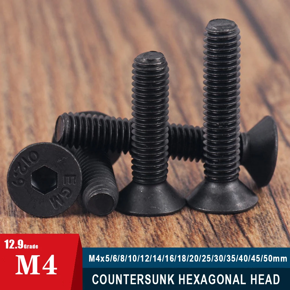 20/50Pcs M4 Hexagonal Flat Head Screws Black 12.9 Grade High-Strength Hexagonal Flat Head Countersunk Machine Screws and Bolts