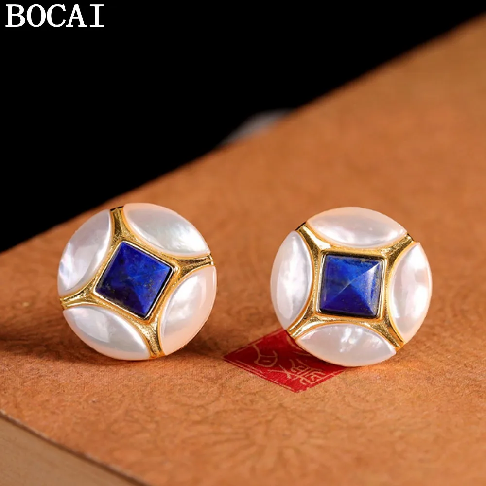 

Серьги женские BOCAI NEW S925 из серебра 925 пробы, простые и модные, с позолотой и вставками из лазурита.