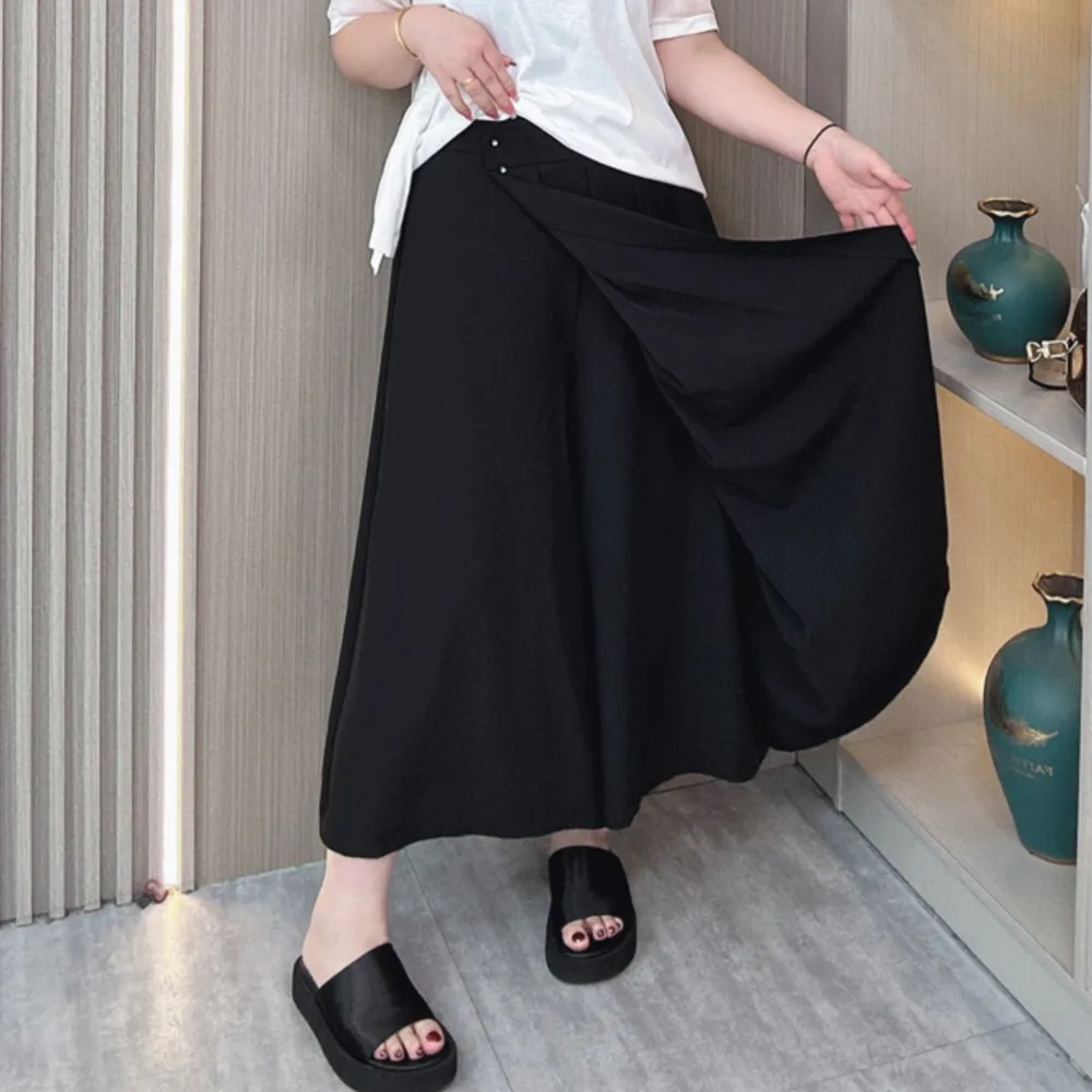 Summer New Plus Size Wide Leg Pants Women High Waist Loose Thin Casual Black Culottes