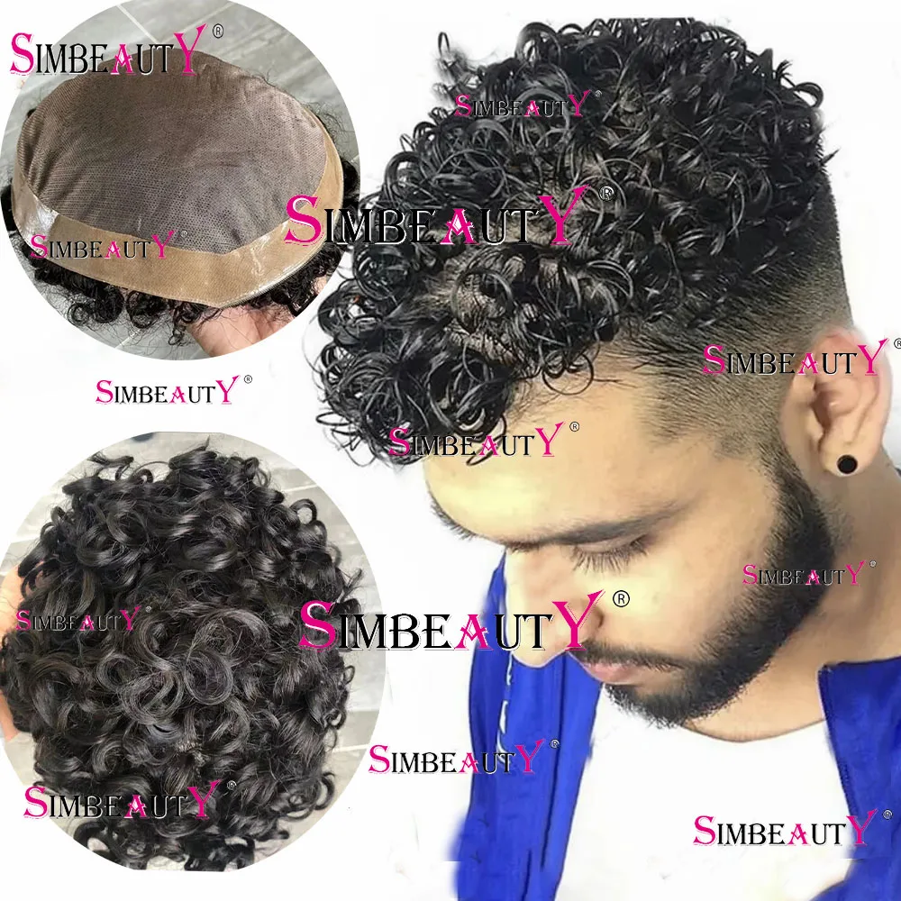 

20mm Curly Breathable Mesh Super Durable Mono Lace& Skin Pu Around Human Hair Fashion Toupee Replacement System Prosthes For Men