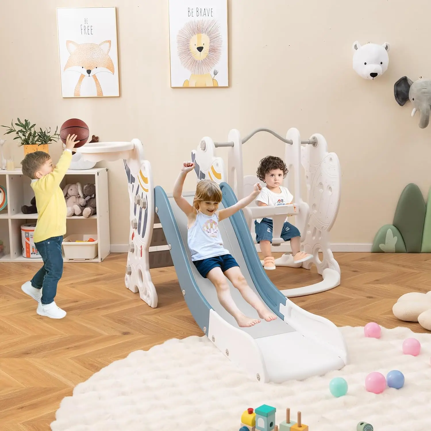 4-in-1-Rutsche und Schaukelset für Kleinkinder, Indoor-Outdoor-Rakettenspielset, Fitnessstudio mit Babyschaukel, Basketballkorb, Ball, Kinder-Kletterspielen