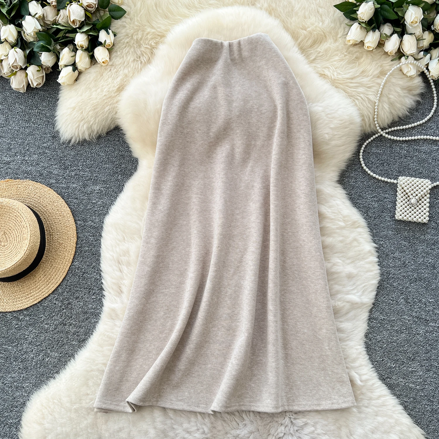 

Шикарная винтажная элегантная вязаная однотонная тонкая прямая юбка с высокой талией, корейская уличная одежда, уличная осенняя одежда