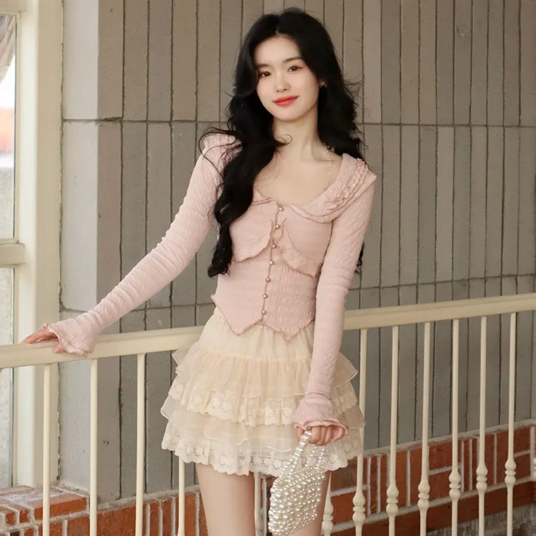 Sweet Fungus Long Sleeve Slim Fit T-shirts for Women + Heavy Lace Ruched Cake Skirts 2025 Early Autumn New Two Piece Sets