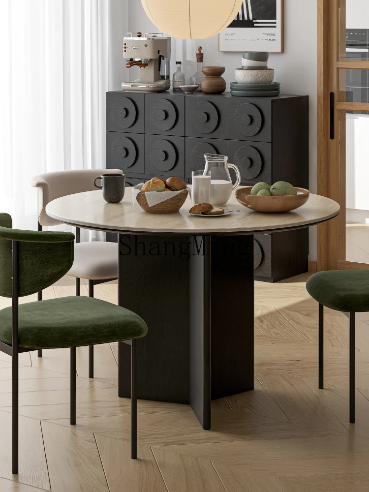 

HJ new simple modern solid wood rock slab round cave stone dining table household dining table and chair combination