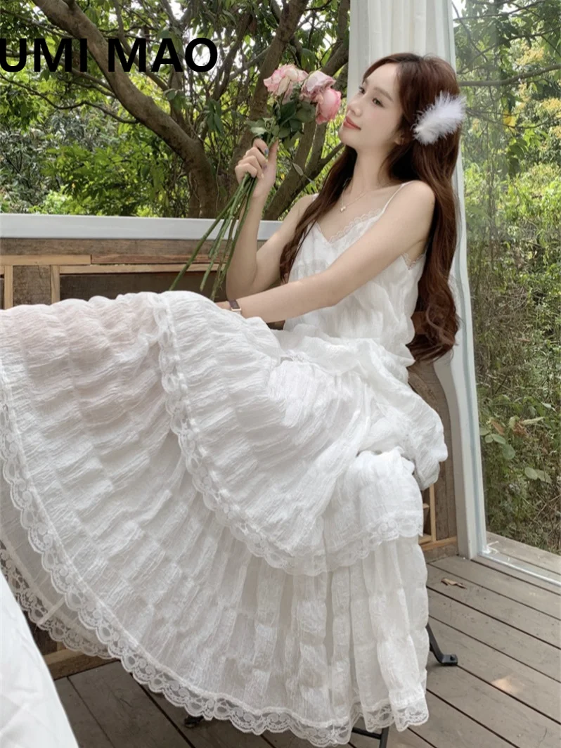 

UMI MAO White Dress Elegant Women's Summer 2024 New Loose Beach Vacation Style Sling Cake Dress Femme Y2K