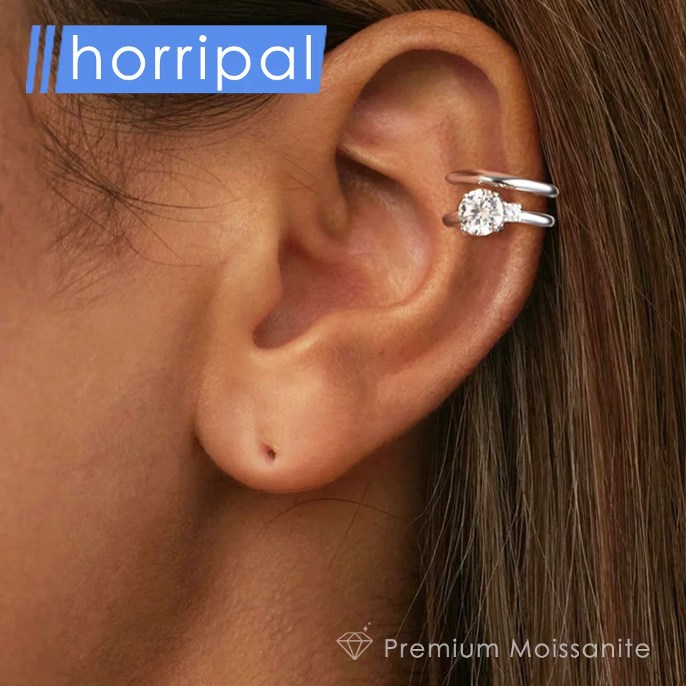 

2 Stones Moissanite Clip Earring for Women Gift Original Sterling Silver 925 Jewelry 18K White Gold Plated Hip Hop Charm Earring