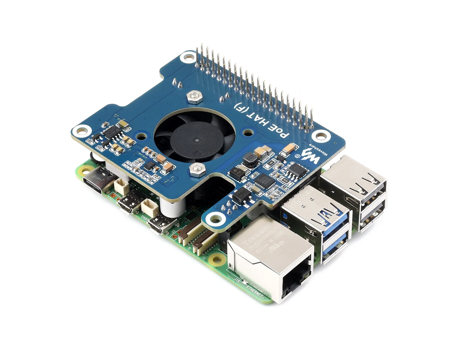 Power Over Ethernet HAT (F) For Raspberry Pi 5, High Power, Onboard Cooling Fan, With Metal Heatsink, Supports 802.3af/at networ