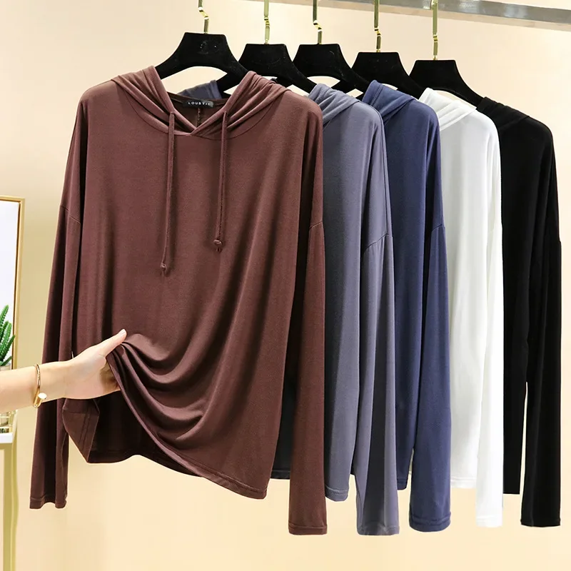 New ladies spring and autumn modal long-sleeved T-shirt large size hooded sweater loose bottoming shirt solid color top color