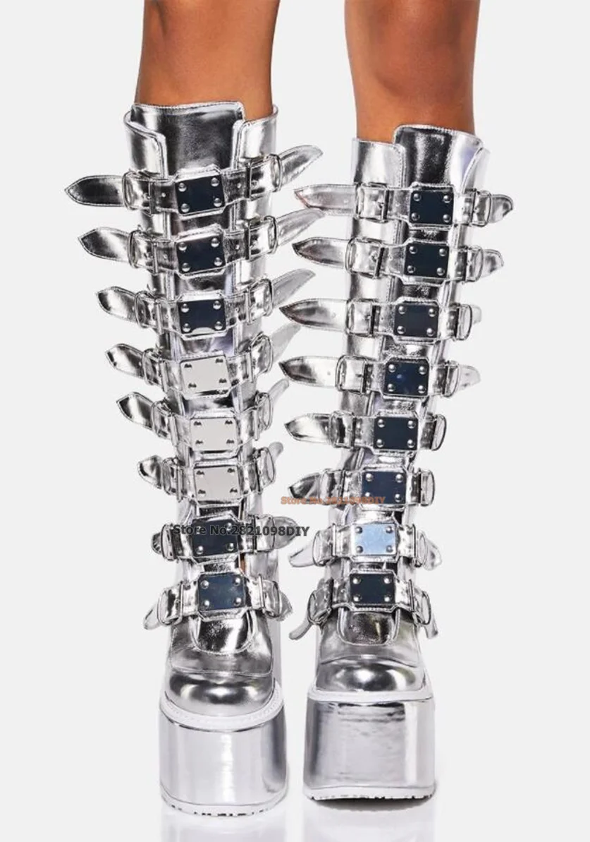 Liquid Silver Leather Knee High Platform Boots Women Metallic Buckle Straps Metal Plates Back Zipper Wedges Long Boot Prom Shoes