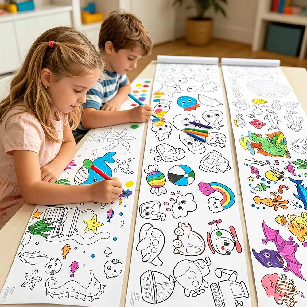 3 Rolls of Children's Disposable Creative Doodle Long Rolls, Long Strips of Cartoon Coloring Paper, a Large Number of Line Drawing Patterns for Long Hours of Drawing, Can Be Used to Draw on the Wall, Not Easy to Damage, Won'T Dirty the Wall, Safe Material, Loved by Boys and Girls, Holiday Time-Filling Craft Drawing Toy, the Style of the Drawing Roll Is Shipped Randomly.