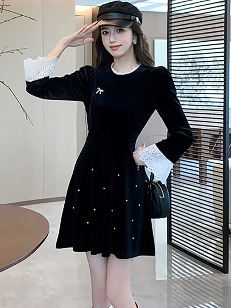 Robe longue en velours noir à volants et perles, tenue de soirée de luxe, Vintage coréenne, élégante, moulante, automne hiver 2025