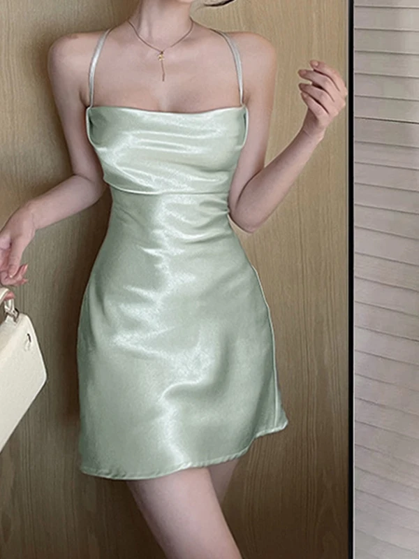 Mint Green Smooth Satin Suspender Dress For Women's Summer 2024 Design, Temperament And Style, Large Backless Short Skirt T5VO