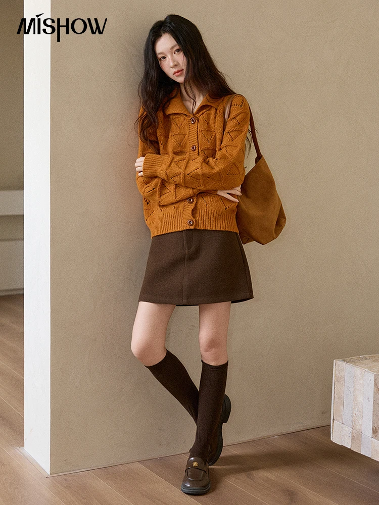 MISHOW سترة نسائية بأكمام طويلة 2025 ريترو برتقالي الماس شكل الجوف خارج سترة فضفاضة ملابس الشتاء النسائية MXE86Z2732 #2