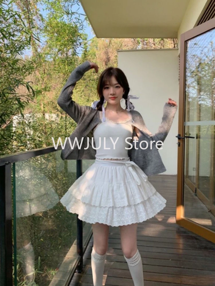 Harajuku Korea Fashion Tennis Skirt Sets Women White Y2k Mini Dress Balletcore Long Sleeve Top Shirt Korean Outfits Fall Clothes