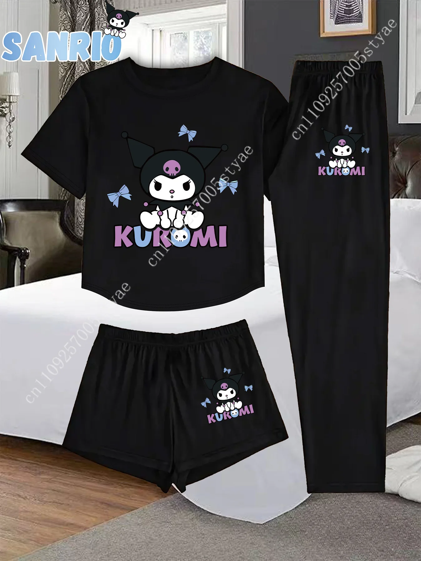 

Sanrio Kuromi Cartoon-Print Pajama Set (3-Piece) — Women's Loungewear Set, Including Short-Sleeve Top, Long Pants, and Shorts