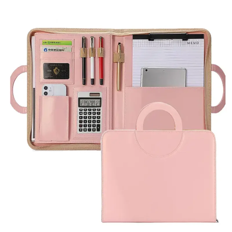 A4 Portfolio Folder Padfolio Women Business Briefcase Folding Handle Leather Zipper Notebook Calculator File Documents Organizer