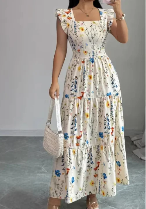 

Women Dress 2026 Spring Summer New Retro Floral Print Square Collar Sleeveless Waist Cinching Daily Casual Vacation Dress