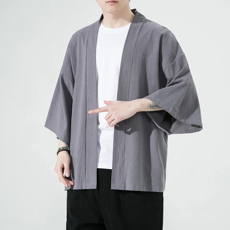 

Cotton Linen Shirts Men Kimono Traditional Male Three Quarter Sleeve Cardigan Harajuku