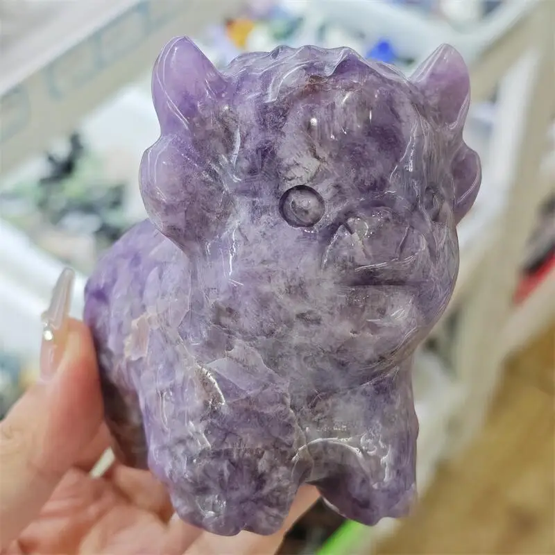 Natural Amethyst Highland Yak Carving Reiki Healing Fengshui Stone Home Office Decoration Holiday Gift 1PCS