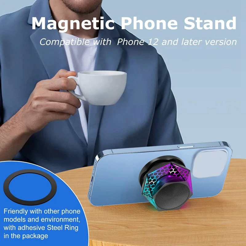 مكبر صوت بلوتوث مثقاب مغناطيسي ، مكبر صوت لاسلكي صغير ، عرض إضاءة ملون متعدد الألوان RGB ، حامل هاتف محمول