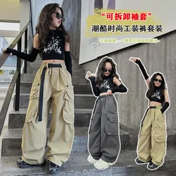 Girls Hip Hop Clothing Spring Set Cuff Vest Crop Top+Big Pockets Wide leg Baggy Trousers Joggers Cargo pants Sweatpants Outfits