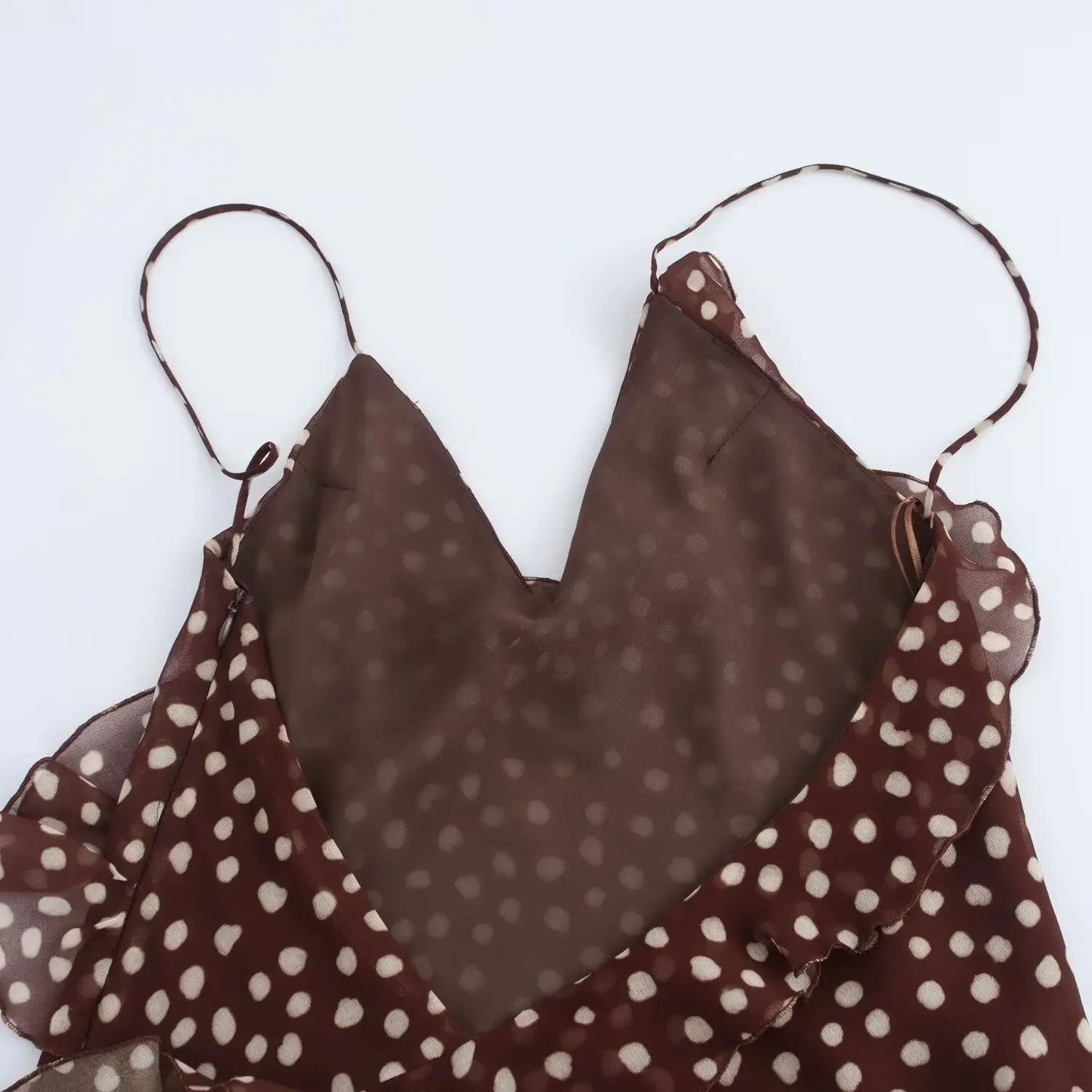 Women Coffee Dots Ruffles Chiffon Dress Sleeveless Backless 2025 Female New Year Dresses 6X0452