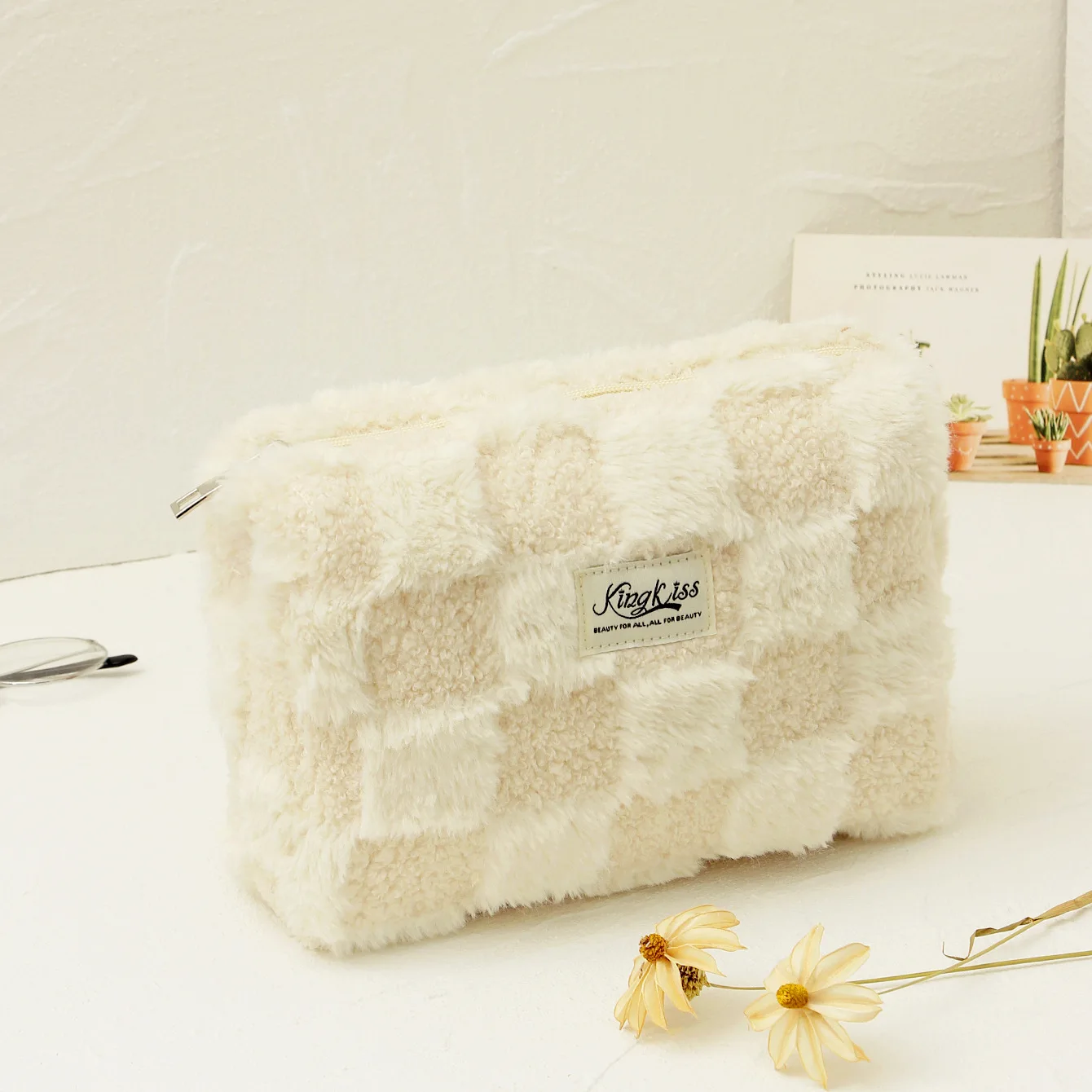 Borse cosmetiche in peluche per le donne borsa per il trucco borsa da viaggio di grande capacità borsa da toilette con cerniera custodia per