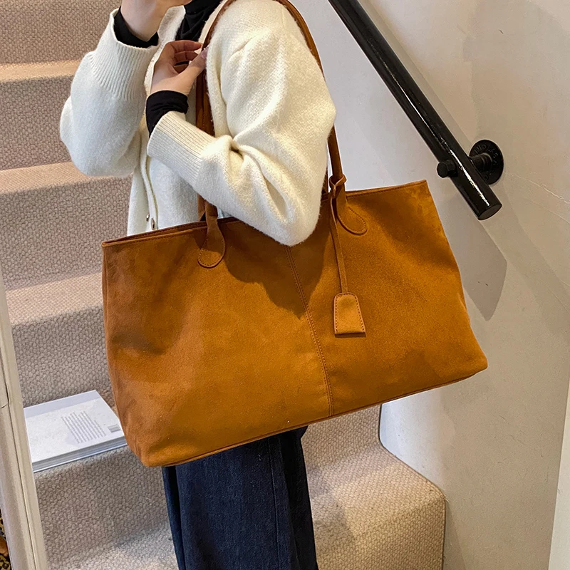 

Vintage Suede Tote Bag for Women Fashion Solid Color Drawstring Shoulder Handbag Large Capacity Underarm Bags for Travel Shoppin